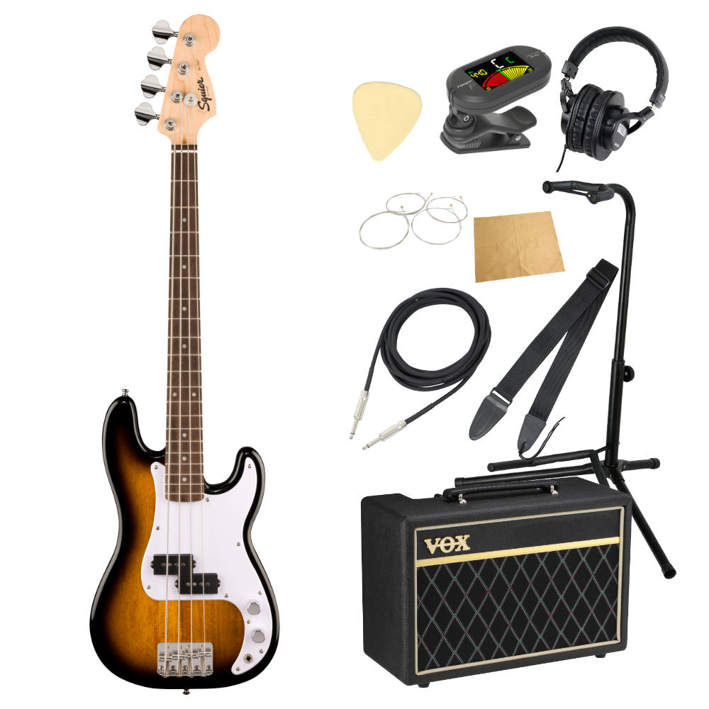 Squier スクワイア スクワイヤー Mini Precision Bass LRL 2-Color Sunburst エレキベース VOXアンプ付き 入門10点 初心者セット※ベース本体、アンプ以外の小物類に関しては、用途は同じですが掲載画像の製品と異なる場合がございます。あらかじめご了承ください。エレキベースにVOXアンプ「VOX Pathfinder Bass 10」、ケーブル、チューナー、ストラップ、換え弦、スタンド、ピック、クロス、ヘッドホンをお付けした10点セットです。Squier スクワイア スクワイヤー Mini Precision Bass LRL 2-Color Sunburst エレキベースSquier Mini Precision BassはFenderプレシジョンベースのクラシカルなスタイリングとトーンをコンパクトサイズにした楽器を求めているプレイヤーにとって最適なチョイスです。薄く軽量なボディとショートスケール"C"シェイプネックの組み合わせにより快適な演奏性を実現し、Squierスプリットシングルコイルピックアップは多彩なサウンドメイキングを可能にします。ハードテイルブリッジは安定したチューニングを提供します。・100% フェンダー社によるデザイン・薄く軽量のボディ設計・ショートスケールネック・スプリットシングルコイルPrecision Bassピックアップを搭載・シールドダイキャストチューナーを装備【スペック】・プロダクトネーム：Mini Precision Bass, Laurel Fingerboard, White Pickguard, 2-Color Sunburst・モデル番号：0370127503・シリーズ：Mini・オリエンテーション：Right-Hand・カラー：2-Color Sunburst・ネック：Maple・ネックフィニッシュ：Satin Urethane・ネックシェイプ："C" Shape・ネック：Bolt-On・フィンガーボードラジアス：9.5" (241 mm)・フィンガーボードの素材：Indian Laurel・ポジションインレイ：Pearloid Dot・サイドドット：・フレット数：20・トラスロッド：Head Adjust・ナット：Synthetic Bone・ナット幅：1.5" (38.1 mm)・ナットの素材：Synthetic Bone・フレットサイズ：Narrow Tall・スケール：28.6" (726 mm)・ボディ：Poplar・ボディフィニッシュ：Gloss Polyurethane・ボディシェイプ：Mini Precision Bass・ボディ素材：Poplar・ブリッジ：4-Saddle Vintage-Style・ピックガード：1-Ply White・ピックアップカバー：Black・コントロールノブ：Knurled Flat-Top・ハードウェアフィニッシュ：Chrome・チューニングマシーン：Die-Cast Sealed・String Trees：Vintage-Style Disc・ストリング：Nickel Plated Steel (.040-.095 Gauges)・ネックプレート：4-Bolt Squier・ストラップボタン：Standard・ネックピックアップ：Split Single-Coil Precision Bass・ピックアップコンフィギュレーション：Split Single-Coil・コントロール：Volume, Tone・スウィッチ：None---------------●セット内容・エレキベース本体・ベースアンプ・ケーブル・チューナー・ストラップ・ベース弦・ギタースタンド・ギターピック×10枚・ヘッドホン・クロス