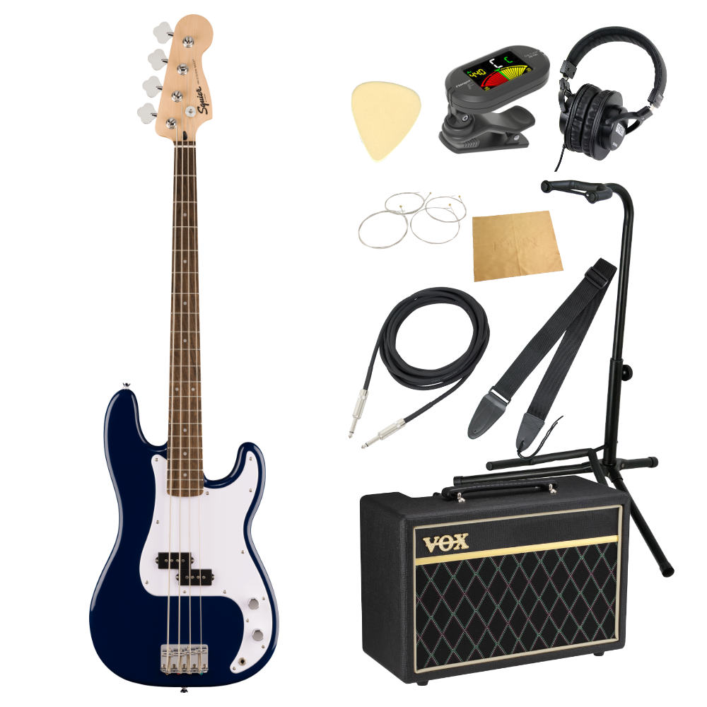 Squier スクワイア スクワイヤー Sonic Precision Bass LRL Midnight Blue エレキベース VOXアンプ付き 入門10点 初心者セット※ベース本体、アンプ以外の小物類に関しては、用途は同じですが掲載画像の製品と異なる場合がございます。あらかじめご了承ください。エレキベースにVOXアンプ「VOX Pathfinder Bass 10」、ケーブル、チューナー、ストラップ、換え弦、スタンド、ピック、クロス、ヘッドホンをお付けした10点セットです。Squier スクワイア スクワイヤー Sonic Precision Bass LRL Midnight Blue エレキベースSquier Sonic Precision Bassは、すぐにベースを始めたいと考えている向上心溢れるプレイヤーに最適な楽器です。アイコニックなFenderプレシジョンベースを原点とした象徴的なスタイリングと刺激的なトーンをあらゆるプレイヤーにお届けします。このプレシジョンベースは、薄く軽量なボディ、スリムな1.5インチナット幅、そして快適な"C"シェイプネックの組み合わせにより、優れた演奏性をもたらします。Squierスプリットシングルコイルピックアップは、パンチの効いたベーストーンを奏でます。その他、高い安定性を誇る4サドル式ハードテイルブリッジ、スムーズで正確なチューニングが可能なシールドギアチューニングマシン、耐久性のあるクロムハードウェアなど、魅力的な特徴を多く備えています。・薄く軽量なボディ設計・Squier Split Single-Coilピックアップを装備・4サドル式ハードテイルブリッジ・シールドギアチューニングマシン・クロムハードウェア【スペック】・プロダクトネーム：Squier Sonic Precision Bass, Laurel Fingerboard, White Pickguard, Midnight Blue・モデル番号：0373900584・シリーズ：Squier Sonic・オリエンテーション：Right-Hand・カラー：Midnight Blue・ヘッドストック：Precision Bass・ネック：Maple・ネックフィニッシュ：Satin Urethane・ネックシェイプ："C" Shape・ネック：Bolt-On・フィンガーボードラジアス：9.5" (241 mm)・フィンガーボードの素材：Indian Laurel・ポジションインレイ：Pearloid Dot・サイドドット：・フレット数：20・トラスロッド：Head Adjust・トラスロッドナット：4 mm Hex・ナット：Synthetic Bone・ナット幅：1.5" (38.1 mm)・ナットの素材：Synthetic Bone・フレットサイズ：Narrow Tall・スケール：34" (864 mm)・ボディ：Poplar・ボディフィニッシュ：Gloss Polyurethane・ボディシェイプ：Precision Bass・ボディ素材：Poplar・ブリッジ：4-Saddle Standard・ピックガード：1-Ply White・ピックアップカバー：Black・コントロールノブ：Knurled Flat-Top・ハードウェアフィニッシュ：Chrome・チューニングマシーン：Vintage-Style・ストリング：Nickel Plated Steel (.045-.105 Gauges)・ネックプレート：4-Bolt Squier・ストラップボタン：Vintage-Style・ネックピックアップ：Ceramic Split Single-Coil・ピックアップコンフィギュレーション：Split Single-Coil・コントロール：Master Volume, Master Tone・スウィッチ：None・トラスロッドレンチ：4 mm Hex (Allen)・スタイル：1 Single-Coil---------------●セット内容・エレキベース本体・ベースアンプ・ケーブル・チューナー・ストラップ・ベース弦・ギタースタンド・ギターピック×10枚・ヘッドホン・クロス