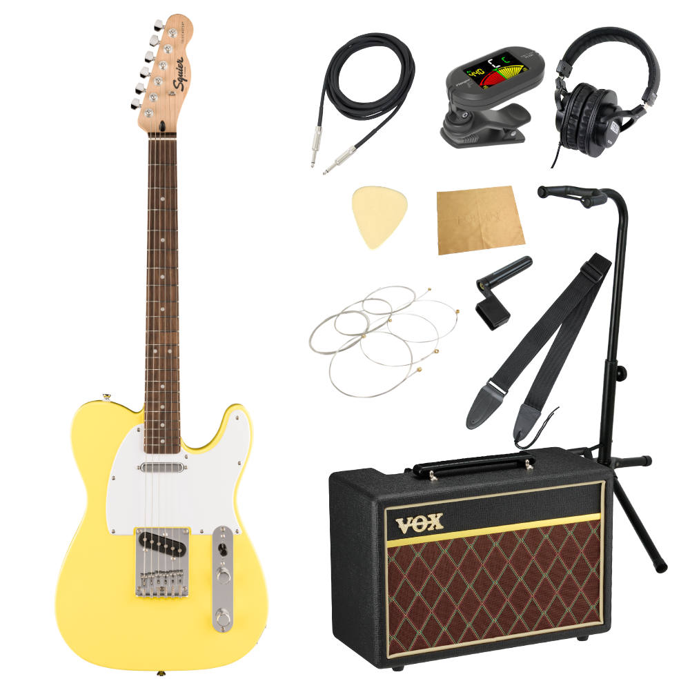 Squier スクワイア スクワイヤー Sonic Telecaster LRL Canary Yellow エレキギター VOXアンプ付き 入門11点 初心者セット※ギター本体、アンプ以外の小物類に関しては、用途は同じですが掲載画像の製品と異なる場合がございます。あらかじめご了承ください。エレキギターにVOXアンプ「VOX Pathfinder10」、ケーブル、チューナー、ストラップ、換え弦、スタンド、ピック、クロス、ヘッドホン、ストリングワインダーをお付けした11点セットです。---------------Squier スクワイア スクワイヤー Sonic Telecaster LRL Canary Yellow エレキギターSquier Sonic Telecasterは、すぐにギターを始めたいと考えている向上心溢れるプレイヤーに最適な楽器です。アイコニックなFenderテレキャスターを原点とした象徴的なスタイリングと刺激的なトーンをあらゆるプレイヤーにお届けします。このテレキャスターは、薄く軽量なボディと、スリムで快適な"C"シェイプネックの組み合わせにより、優れた演奏性をもたらします。2基のSquierシングルコイルピックアップが透明感のあるハイエンドを奏で、汎用性の高いトーンを生み出します。その他、高い安定性を誇る6サドル式ハードテイルブリッジ、スムーズで正確なチューニングが可能なシールドギアチューニングマシン、耐久性のあるクロムハードウェアなど、魅力的な特徴を多く備えています。・薄く軽量なボディ設計・Squier Single-Coilピックアップを装備・6サドル式ハードテイルブリッジ・シールドギアチューニングマシン・クロムハードウェア【スペック】・プロダクトネーム：Squier Sonic Telecaster, Laurel Fingerboard, White Pickguard, Canary Yellow・モデル番号：0373450545・シリーズ：Squier Sonic・オリエンテーション：Right-Hand・カラー：Canary Yellow・ヘッドストック：Telecaster・ネック：Maple・ネックフィニッシュ：Satin Urethane・ネックシェイプ："C" Shape・ネック：Bolt-On・フィンガーボードラジアス：9.5" (241 mm)・フィンガーボードの素材：Indian Laurel・ポジションインレイ：Pearloid Dot・サイドドット：・フレット数：21・トラスロッド：Head Adjust・トラスロッドナット：4 mm Hex・ナット：Synthetic Bone・ナット幅：1.650" (42 mm)・ナットの素材：Synthetic Bone・フレットサイズ：Narrow Tall・スケール：25.5" (648 mm)・ボディ：Poplar・ボディフィニッシュ：Gloss Polyurethane・ボディシェイプ：Telecaster・ボディ素材：Poplar・ブリッジ：6-Saddle Top-Load Tele with Block Saddles・ピックガード：1-Ply White・ピックアップカバー：Neck: Chrome; Bridge: Black・コントロールノブ：Knurled Flat-Top・Switch Tip：Black・ハードウェアフィニッシュ：Chrome・チューニングマシーン：Die-Cast Sealed・ストリング：Nickel Plated Steel (.009-.042 Gauges)・ネックプレート：4-Bolt Squier・ストラップボタン：Vintage-Style・ブリッジピックアップ：Ceramic Single-Coil・ネックピックアップ：Ceramic Single-Coil・ピックアップコンフィギュレーション：SS・コントロール：Master Volume, Master Tone・スウィッチ：3-Position Blade: Position 1. Bridge Pickup, Position 2. Bridge and Neck Pickups, Position 3. Neck Pickup・トラスロッドレンチ：4 mm Hex (Allen)・スタイル：2 Single-Coil---------------●セット内容・エレキギター本体・VOX Pathfinder10 ギターアンプ・シールドケーブル・クリップチューナー・ストラップ・エレキギター弦・ギター/ベーススタンド・ピック・ヘッドホン・ケアクロス・ストリングワインダー