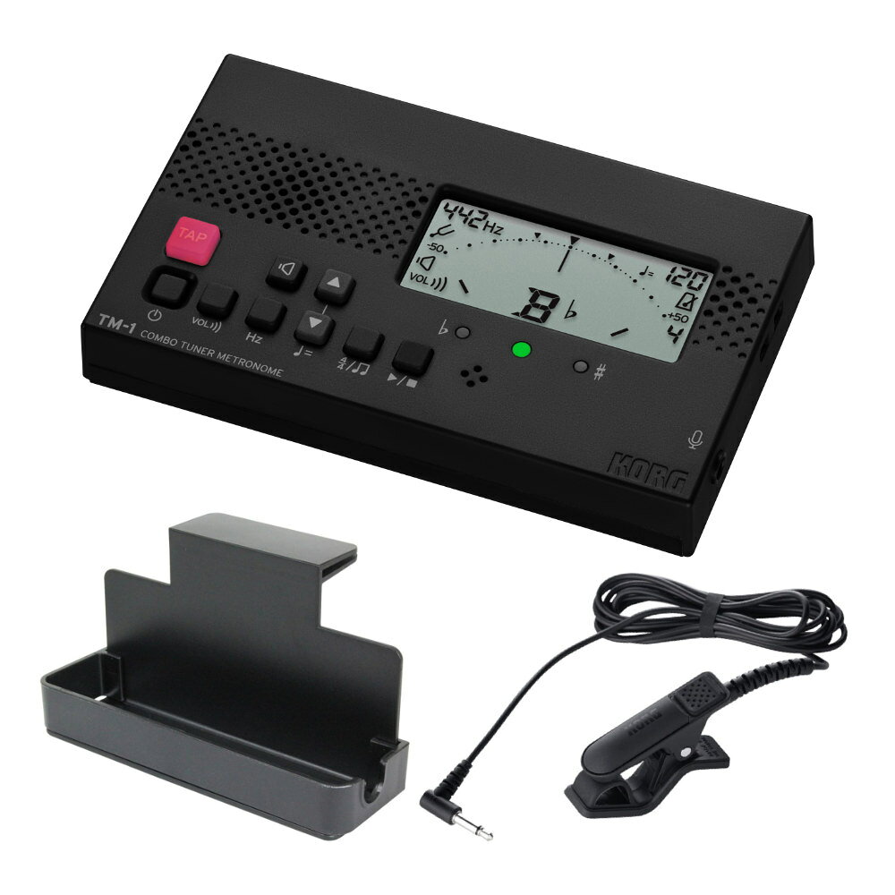 KORG コルグ TM-1 BK チューナー＆メトロノーム ブラック 純正クリップマイク/譜面台トレイラック付きセットKORGのチューナーメトロノーム「TM-1 BK」に、純正コンタクトマイク「CM-400 BK」、譜面台に取り付ける事ができる小物入れ用トレイラック「Dicon Audio MS-TRK」をお付けしたセット商品です。セット内容：■ KORG TM-1 BK チューナーメトロノーム ブラック■ KORG CM-400 BK チューナー用 コンタクトマイク 黒 ブラック ミニプラグ仕様■ Dicon Audio MS-TRK 譜面台トレイラック---------------《KORG TM-1 BK チューナーメトロノーム ブラック》小さく、軽く、使いやすく。いつもの練習にちょうどいい。チューナーとメトロノームを同時に使えるTMシリーズに、シリーズ最小・最軽量のTM-1が登場。長年にわたり、多くの奏者のチューニングを支えてきたコルグのTMシリーズ。管楽器・弦楽器の毎日の基礎練習に欠かせない、見やすさ、使いやすさ、確かなチューニング性能はそのままに、よりコンパクトで、よりシンプルな一台になりました。はじめてチューナーを使う方でも迷いにくい直感的な操作性と、毎日手軽に持ち運べるコンパクトなボディ。先輩たちも使ってきたコルグの安心感を、もっと身近に。TM-1は、日々のチューニングやリズム・トレーニングを自然と習慣化できる、コンボ・チューナー・メトロノームです。【シリーズ最小・最軽量。持ち歩きたくなるコンパクトサイズ】TM-1は、TMシリーズ史上最小・最軽量のモデル。わずか51g（電池含まず）の軽さで、どこへでも気軽に持ち運べます。バッグや楽器ケースのポケットにも収まりやすく、レッスンや部活動、個人練習など、さまざまなシーンで活躍します。本体背面には自立できる折りたたみ式スタンドも搭載し、さまざまな場所で使いやすいよう配慮しました。【迷わず使える、シンプルな操作性】必要な機能に絞ったシンプルな設計で、はじめてでも扱いやすい操作感を実現。ボタンやディスプレイ表示にはアイコンも活用し、わかりやすいデザインを採用しています。毎日使うものだからこそ、すぐに慣れて使いこなせることを大切にしました。【コンパクトでも、しっかり使えるチューナー機能】C1（32.70Hz）~C8（4186.01Hz）の測定範囲に対応し、管楽器から弦楽器まで幅広い音域をしっかりカバー。基準ピッチはA4 = 438~450Hzまで1Hz単位で調整でき、合奏や演奏環境に合わせて正確なチューニングに対応できます。さらに、基準音を耳で確認できる「サウンドアウト機能」も搭載。基準音は、C4（260.44Hz）~C5（535.14Hz）の1オクターブから選択でき、さまざまな楽器の音程確認に役立ちます。コンパクトなサイズでも、毎日の練習に役立つ実用的な機能をしっかり備えています。【見やすく、使いやすいメトロノーム】メトロノームは画面上のドットが左右に往復する動きで拍を表示。視覚的にテンポを捉えやすい仕様です。テンポは30~252回/分の範囲で設定でき、1ステップ刻みで設定できる「フルステップ」と、スイッチを押して好みのテンポに調整できる「タップテンポ」の2タイプから選択可能です。さらに、0~9拍子に加え、2連符、3連符、3連符中抜き、4連符、4連符中抜きまで、全15種類のリズム・バリエーションを搭載。日々の基礎練習から難しい楽曲のトレーニングまで、幅広くサポートします。※チューナーとメトロノームの2つの機能を同時に使用する場合、3連符、3連符中抜き、4連符、4連符中抜きは設定できません。【コンタクト・マイクを使用し、より高精度なチューニングを】TM-1には外部入力のミニジャック端子を装備。コンタクト・マイクを使用すれば、演奏音を直接チューナーに送ることができ、周囲の音に左右されにくい、より高精度なチューニングが可能です。楽器や練習環境に応じて、柔軟に活用できます。【主な仕様】チューナー部・音律：12平均律・測定範囲*：C1（32.55Hz、A4=438Hz）~C8（4281.15Hz、 A*4 = 450Hz ）サイン波時・基準発振音：C4（260.44Hz、A4=438Hz）~C5（535.14Hz、A4=450Hz）1オクターブ・チューニング機能：メーター、サウンドアウト・基準ピッチ範囲：A4=438~450Hz（1Hz単位）・測定精度：±1セント以内・サウンド精度：±1セント以内*測定範囲内の音であっても、倍音を多く含む音色や減衰の速い楽器音は測定できない場合があります。メトロノーム部・テンポ範囲：=30~252回/分・テンポ設定方法：フルステップ、タップテンポ・拍子範囲：0~9拍子、2連符、3連符、3連符中抜き、4連符、4連符中抜き・テンポ精度：±0.3％主要規格・接続端子：インプット端子（3.5mm モノラルミニフォーンジャック、不平衡）・スピーカー：ダイナミックスピーカー（21mm）・電源：単4形乾電池（マンガンまたはアルカリ乾電池）2本（3V）・電池寿命：チューナーのみの使用：約400時間（チューナー&メトロノームモード、A4連続入力、アルカリ乾電池）、メトロノームのみの使用：約200時間（メトロノームモード、テンポ120、4拍子、音量最大、アルカリ乾電池）・外形寸法（WxDxH）：100 x 60 x 16 mm・質量：51g（電池含まず）・付属品：クイックスタートガイド・カラー：ブラック---------------《KORG CM-400 BK チューナー用 コンタクトマイク 黒 ブラック ミニプラグ仕様》CM-400は、楽器にマイク部を装着することで、振動を直接チューナーへ送ることができるピエゾ素子使用のクリップ式コンタクト・マイクです。チューナー本体のマイクより、さらに精度の高いチューニングが可能となり、特に大人数での練習時などの周りの音に影響されやすい環境でも、自身の音をより確実に感知することができます。【耐久性のある、断線しにくいケーブル】音の伝達効率に優れたケーブルは、線材の被膜が柔らかく、しなやかに曲がる素材を採用。クリップとケーブルとの接合部のスリット形状は、線材への負担を軽減し、断線しにくい仕様となっています。【より安定性の高いミニプラグへ変更】チューナー本体へ接続するアウトプット端子は、ミニプラグを新たに採用しました。TM-70との相性も良く、安定したチューニングを約束します。【様々な楽器に安定して取り付けが可能なクリップ部】クリップの開く最大幅は30mm。内側のラバー部には、あらゆる楽器に取り付けることを想定した形状を採用しています。管楽器のベルやバイオリンのこま、ギターやウクレレのヘッドなど、様々な楽器に安定して取り付けることができます。・接続端子：3.5mm モノラル ミニプラグ・クリップ最大幅：30mm・ケーブル：1.5m・質量：35g・カラー：ブラック---------------《Dicon Audio MS-TRK 譜面台トレイラック》筆記用具やチューナー、メトロノーム、ギターピック、メンテナンス用品など練習時、演奏時に欠かせない小物を入れるのに最適なプラスチック製トレイラックです。外枠にはコンタクトマイクでのチューニングを想定したくぼみを設けているためチューナーの位置を平行に保つ事が出来ます。外枠を取り外して使用することもできるうえ、滑り止めシートが付属しているので安心です。・本体サイズ：幅14cm 奥行き7cm（取り付け部を含む）高さ8cm・ケース部サイズ：幅14cm 奥行き4cm 高さ2cm（外枠使用時）・重量：約60g・滑り止めシート付属吹奏楽 管楽器 弦楽器 ブラスバンド オーケストラ