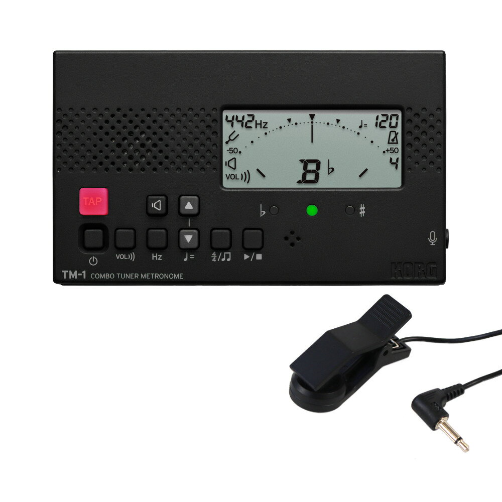 KORG コルグ TM-1 BK チューナー＆メトロノーム ブラック クリップマイク付きセットKORGのチューナーメトロノーム「TM-1 BK」に、コンタクトマイク「Flanger FA-01M」をお付けしたセット商品です。セット内容：■ KORG TM-1 BK チューナーメトロノーム ブラック■ Flanger FA-01M チューナー用 コンタクトマイク ミニプラグ 3.5mmプラグ仕様---------------《KORG TM-1 BK チューナーメトロノーム ブラック》小さく、軽く、使いやすく。いつもの練習にちょうどいい。チューナーとメトロノームを同時に使えるTMシリーズに、シリーズ最小・最軽量のTM-1が登場。長年にわたり、多くの奏者のチューニングを支えてきたコルグのTMシリーズ。管楽器・弦楽器の毎日の基礎練習に欠かせない、見やすさ、使いやすさ、確かなチューニング性能はそのままに、よりコンパクトで、よりシンプルな一台になりました。はじめてチューナーを使う方でも迷いにくい直感的な操作性と、毎日手軽に持ち運べるコンパクトなボディ。先輩たちも使ってきたコルグの安心感を、もっと身近に。TM-1は、日々のチューニングやリズム・トレーニングを自然と習慣化できる、コンボ・チューナー・メトロノームです。【シリーズ最小・最軽量。持ち歩きたくなるコンパクトサイズ】TM-1は、TMシリーズ史上最小・最軽量のモデル。わずか51g（電池含まず）の軽さで、どこへでも気軽に持ち運べます。バッグや楽器ケースのポケットにも収まりやすく、レッスンや部活動、個人練習など、さまざまなシーンで活躍します。本体背面には自立できる折りたたみ式スタンドも搭載し、さまざまな場所で使いやすいよう配慮しました。【迷わず使える、シンプルな操作性】必要な機能に絞ったシンプルな設計で、はじめてでも扱いやすい操作感を実現。ボタンやディスプレイ表示にはアイコンも活用し、わかりやすいデザインを採用しています。毎日使うものだからこそ、すぐに慣れて使いこなせることを大切にしました。【コンパクトでも、しっかり使えるチューナー機能】C1（32.70Hz）~C8（4186.01Hz）の測定範囲に対応し、管楽器から弦楽器まで幅広い音域をしっかりカバー。基準ピッチはA4 = 438~450Hzまで1Hz単位で調整でき、合奏や演奏環境に合わせて正確なチューニングに対応できます。さらに、基準音を耳で確認できる「サウンドアウト機能」も搭載。基準音は、C4（260.44Hz）~C5（535.14Hz）の1オクターブから選択でき、さまざまな楽器の音程確認に役立ちます。コンパクトなサイズでも、毎日の練習に役立つ実用的な機能をしっかり備えています。【見やすく、使いやすいメトロノーム】メトロノームは画面上のドットが左右に往復する動きで拍を表示。視覚的にテンポを捉えやすい仕様です。テンポは30~252回/分の範囲で設定でき、1ステップ刻みで設定できる「フルステップ」と、スイッチを押して好みのテンポに調整できる「タップテンポ」の2タイプから選択可能です。さらに、0~9拍子に加え、2連符、3連符、3連符中抜き、4連符、4連符中抜きまで、全15種類のリズム・バリエーションを搭載。日々の基礎練習から難しい楽曲のトレーニングまで、幅広くサポートします。※チューナーとメトロノームの2つの機能を同時に使用する場合、3連符、3連符中抜き、4連符、4連符中抜きは設定できません。【コンタクト・マイクを使用し、より高精度なチューニングを】TM-1には外部入力のミニジャック端子を装備。コンタクト・マイクを使用すれば、演奏音を直接チューナーに送ることができ、周囲の音に左右されにくい、より高精度なチューニングが可能です。楽器や練習環境に応じて、柔軟に活用できます。【主な仕様】チューナー部・音律：12平均律・測定範囲*：C1（32.55Hz、A4=438Hz）~C8（4281.15Hz、 A*4 = 450Hz ）サイン波時・基準発振音：C4（260.44Hz、A4=438Hz）~C5（535.14Hz、A4=450Hz）1オクターブ・チューニング機能：メーター、サウンドアウト・基準ピッチ範囲：A4=438~450Hz（1Hz単位）・測定精度：±1セント以内・サウンド精度：±1セント以内*測定範囲内の音であっても、倍音を多く含む音色や減衰の速い楽器音は測定できない場合があります。メトロノーム部・テンポ範囲：=30~252回/分・テンポ設定方法：フルステップ、タップテンポ・拍子範囲：0~9拍子、2連符、3連符、3連符中抜き、4連符、4連符中抜き・テンポ精度：±0.3％主要規格・接続端子：インプット端子（3.5mm モノラルミニフォーンジャック、不平衡）・スピーカー：ダイナミックスピーカー（21mm）・電源：単4形乾電池（マンガンまたはアルカリ乾電池）2本（3V）・電池寿命：チューナーのみの使用：約400時間（チューナー&メトロノームモード、A4連続入力、アルカリ乾電池）、メトロノームのみの使用：約200時間（メトロノームモード、テンポ120、4拍子、音量最大、アルカリ乾電池）・外形寸法（WxDxH）：100 x 60 x 16 mm・質量：51g（電池含まず）・付属品：クイックスタートガイド・カラー：ブラック---------------《Flanger FA-01M チューナー用 コンタクトマイク ミニプラグ 3.5mmプラグ仕様》管楽器やアコースティックギター、ウクレレなどのアコースティック楽器に取り付けて、より正確なチューニングを可能にするピエゾチューニングクリップマイクです。楽器にクリップマイクを装着することで楽器の振動をダイレクトにチューナーへと送る事ができ、より正確なチューニングを実現します。内蔵式マイクでのチューニングでは難しい、大音量の環境下でのチューニングに適しています。ケーブルもしなやかで取り回し易く、着脱も容易です。プラグには3.5mmミニプラグを採用し、コルグ TM-70Fやヤマハ TDM-710をはじめとした3.5mmミニプラグ入力端子を搭載したチューナーに対応しています。コードの長さも約2.4mあるため大型楽器のチューニングにも便利です。吹奏楽・ブラスバンドをはじめとするステージ上でのチューニングや、大人数での全体練習時など、チューナー内蔵マイクでは自身の音を感知しづらい時などになくてはならないマストアイテムです。・ケーブル長：約2.4m・クリップ開口幅：約2.5cm・ミニプラグ（3.5mm 1/8インチ）吹奏楽 管楽器 弦楽器 ブラスバンド オーケストラ