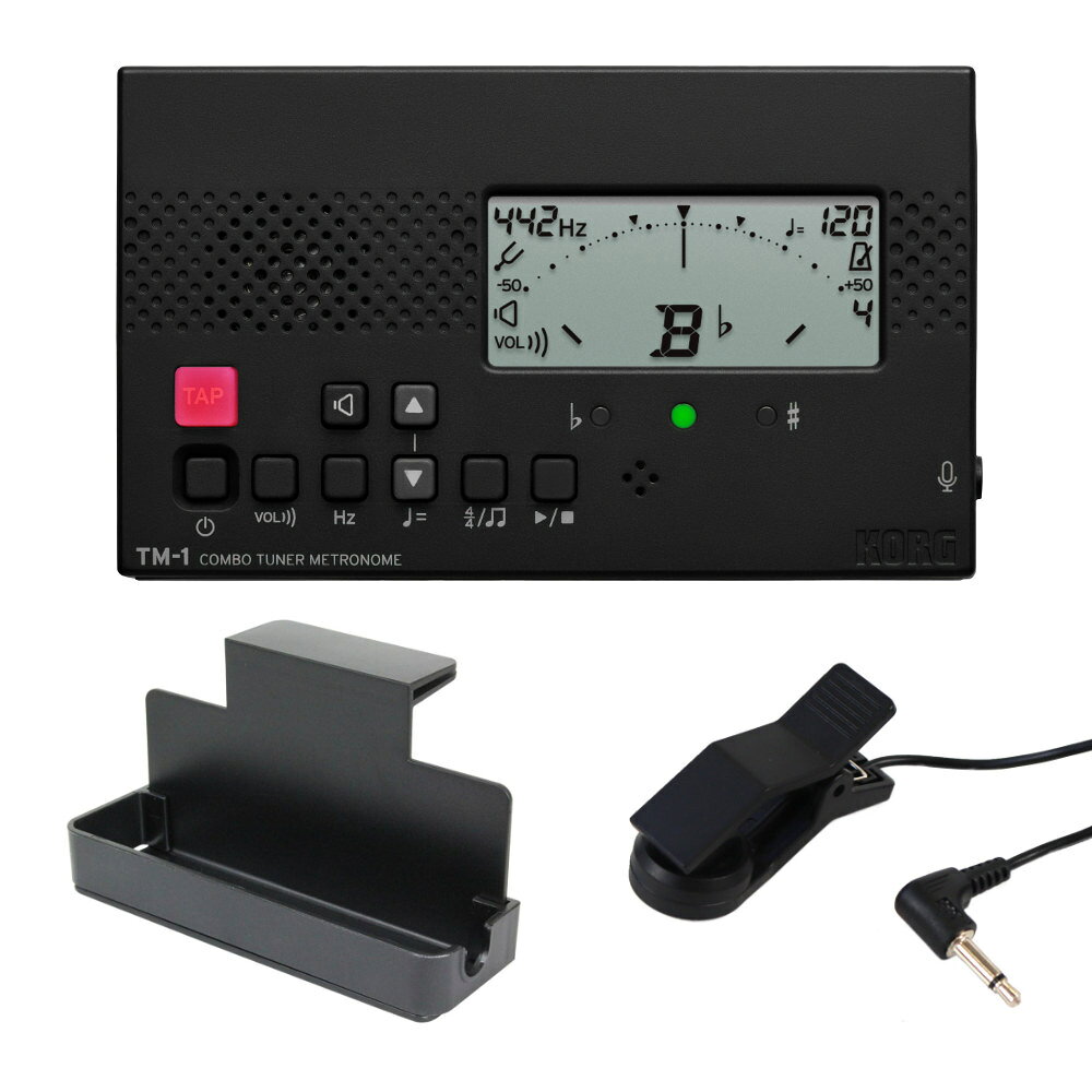 KORG コルグ TM-1 BK チューナー＆メトロノーム ブラック クリップマイク/譜面台トレイラック付きセットKORGのチューナーメトロノーム「TM-1 BK」に、コンタクトマイク「Flanger FA-01M」、譜面台に取り付ける事ができる小物入れ用トレイラック「Dicon Audio MS-TRK」をお付けしたセット商品です。セット内容：■ KORG TM-1 BK チューナーメトロノーム ブラック■ Flanger FA-01M チューナー用 コンタクトマイク ミニプラグ 3.5mmプラグ仕様■ Dicon Audio MS-TRK 譜面台トレイラック---------------《KORG TM-1 BK チューナーメトロノーム ブラック》小さく、軽く、使いやすく。いつもの練習にちょうどいい。チューナーとメトロノームを同時に使えるTMシリーズに、シリーズ最小・最軽量のTM-1が登場。長年にわたり、多くの奏者のチューニングを支えてきたコルグのTMシリーズ。管楽器・弦楽器の毎日の基礎練習に欠かせない、見やすさ、使いやすさ、確かなチューニング性能はそのままに、よりコンパクトで、よりシンプルな一台になりました。はじめてチューナーを使う方でも迷いにくい直感的な操作性と、毎日手軽に持ち運べるコンパクトなボディ。先輩たちも使ってきたコルグの安心感を、もっと身近に。TM-1は、日々のチューニングやリズム・トレーニングを自然と習慣化できる、コンボ・チューナー・メトロノームです。【シリーズ最小・最軽量。持ち歩きたくなるコンパクトサイズ】TM-1は、TMシリーズ史上最小・最軽量のモデル。わずか51g（電池含まず）の軽さで、どこへでも気軽に持ち運べます。バッグや楽器ケースのポケットにも収まりやすく、レッスンや部活動、個人練習など、さまざまなシーンで活躍します。本体背面には自立できる折りたたみ式スタンドも搭載し、さまざまな場所で使いやすいよう配慮しました。【迷わず使える、シンプルな操作性】必要な機能に絞ったシンプルな設計で、はじめてでも扱いやすい操作感を実現。ボタンやディスプレイ表示にはアイコンも活用し、わかりやすいデザインを採用しています。毎日使うものだからこそ、すぐに慣れて使いこなせることを大切にしました。【コンパクトでも、しっかり使えるチューナー機能】C1（32.70Hz）~C8（4186.01Hz）の測定範囲に対応し、管楽器から弦楽器まで幅広い音域をしっかりカバー。基準ピッチはA4 = 438~450Hzまで1Hz単位で調整でき、合奏や演奏環境に合わせて正確なチューニングに対応できます。さらに、基準音を耳で確認できる「サウンドアウト機能」も搭載。基準音は、C4（260.44Hz）~C5（535.14Hz）の1オクターブから選択でき、さまざまな楽器の音程確認に役立ちます。コンパクトなサイズでも、毎日の練習に役立つ実用的な機能をしっかり備えています。【見やすく、使いやすいメトロノーム】メトロノームは画面上のドットが左右に往復する動きで拍を表示。視覚的にテンポを捉えやすい仕様です。テンポは30~252回/分の範囲で設定でき、1ステップ刻みで設定できる「フルステップ」と、スイッチを押して好みのテンポに調整できる「タップテンポ」の2タイプから選択可能です。さらに、0~9拍子に加え、2連符、3連符、3連符中抜き、4連符、4連符中抜きまで、全15種類のリズム・バリエーションを搭載。日々の基礎練習から難しい楽曲のトレーニングまで、幅広くサポートします。※チューナーとメトロノームの2つの機能を同時に使用する場合、3連符、3連符中抜き、4連符、4連符中抜きは設定できません。【コンタクト・マイクを使用し、より高精度なチューニングを】TM-1には外部入力のミニジャック端子を装備。コンタクト・マイクを使用すれば、演奏音を直接チューナーに送ることができ、周囲の音に左右されにくい、より高精度なチューニングが可能です。楽器や練習環境に応じて、柔軟に活用できます。【主な仕様】チューナー部・音律：12平均律・測定範囲*：C1（32.55Hz、A4=438Hz）~C8（4281.15Hz、 A*4 = 450Hz ）サイン波時・基準発振音：C4（260.44Hz、A4=438Hz）~C5（535.14Hz、A4=450Hz）1オクターブ・チューニング機能：メーター、サウンドアウト・基準ピッチ範囲：A4=438~450Hz（1Hz単位）・測定精度：±1セント以内・サウンド精度：±1セント以内*測定範囲内の音であっても、倍音を多く含む音色や減衰の速い楽器音は測定できない場合があります。メトロノーム部・テンポ範囲：=30~252回/分・テンポ設定方法：フルステップ、タップテンポ・拍子範囲：0~9拍子、2連符、3連符、3連符中抜き、4連符、4連符中抜き・テンポ精度：±0.3％主要規格・接続端子：インプット端子（3.5mm モノラルミニフォーンジャック、不平衡）・スピーカー：ダイナミックスピーカー（21mm）・電源：単4形乾電池（マンガンまたはアルカリ乾電池）2本（3V）・電池寿命：チューナーのみの使用：約400時間（チューナー&メトロノームモード、A4連続入力、アルカリ乾電池）、メトロノームのみの使用：約200時間（メトロノームモード、テンポ120、4拍子、音量最大、アルカリ乾電池）・外形寸法（WxDxH）：100 x 60 x 16 mm・質量：51g（電池含まず）・付属品：クイックスタートガイド・カラー：ブラック---------------《Flanger FA-01M チューナー用 コンタクトマイク ミニプラグ 3.5mmプラグ仕様》管楽器やアコースティックギター、ウクレレなどのアコースティック楽器に取り付けて、より正確なチューニングを可能にするピエゾチューニングクリップマイクです。楽器にクリップマイクを装着することで楽器の振動をダイレクトにチューナーへと送る事ができ、より正確なチューニングを実現します。内蔵式マイクでのチューニングでは難しい、大音量の環境下でのチューニングに適しています。ケーブルもしなやかで取り回し易く、着脱も容易です。プラグには3.5mmミニプラグを採用し、コルグ TM-70Fやヤマハ TDM-710をはじめとした3.5mmミニプラグ入力端子を搭載したチューナーに対応しています。コードの長さも約2.4mあるため大型楽器のチューニングにも便利です。吹奏楽・ブラスバンドをはじめとするステージ上でのチューニングや、大人数での全体練習時など、チューナー内蔵マイクでは自身の音を感知しづらい時などになくてはならないマストアイテムです。・ケーブル長：約2.4m・クリップ開口幅：約2.5cm・ミニプラグ（3.5mm 1/8インチ）---------------《Dicon Audio MS-TRK 譜面台トレイラック》筆記用具やチューナー、メトロノーム、ギターピック、メンテナンス用品など練習時、演奏時に欠かせない小物を入れるのに最適なプラスチック製トレイラックです。外枠にはコンタクトマイクでのチューニングを想定したくぼみを設けているためチューナーの位置を平行に保つ事が出来ます。外枠を取り外して使用することもできるうえ、滑り止めシートが付属しているので安心です。・本体サイズ：幅14cm 奥行き7cm（取り付け部を含む）高さ8cm・ケース部サイズ：幅14cm 奥行き4cm 高さ2cm（外枠使用時）・重量：約60g・滑り止めシート付属吹奏楽 管楽器 弦楽器 ブラスバンド オーケストラ