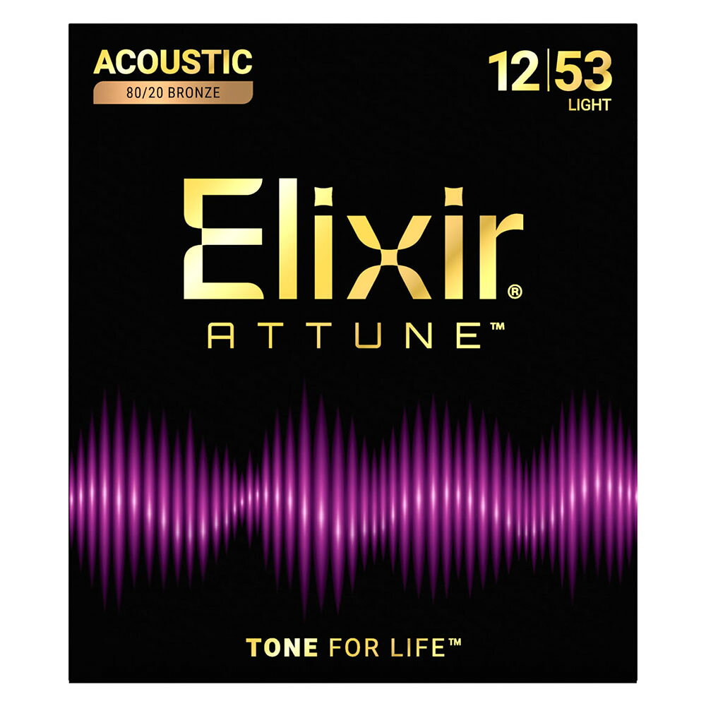 ELIXIR エリクサー 23052 ACOUSTIC ATTUNE 12-53 80/20 Bronze Light アコースティックギター弦×3セットElixir史上最もノンコーティングに近いコーティング弦Attune Stringsは、これまでとは全く異なる独自の新しいコーティング素材を採用していることでElixir史上最もノンコーティングに近い弦を実現しました。これにより、Elixir史上最も優れたコーティングの耐久性と、「まるでコーティングされていないかのような」ブライトでクリアなトーンとナチュラルなタッチフィーリングを共存させることに成功しました。プレイヤーは今後プレイスタイルにかかわらず、音色もタッチフィーリングも犠牲にすることなく、耐久性に優れた弦を手にすることが可能になります。Attune Stringsはこれまでのコーティング弦に対する常識を覆します。80/20 Bronzeは、フォスファーブロンズの歯切れの良いクリアなトーンに対して『きらびやかで生き生きとしたトーン』が特徴で、深みのある低音から伸びのある高音までバランスの取れた音色を奏でます。・ノンコーティングのような明瞭でクリアなトーン・しっかりとしたタッチフィーリングでベンドとビブラートを自在に操れる・激しい演奏にも動じない耐久性・Elixir史上最も音色が長持ちするアコースティックギター弦Lightゲージ：.012 / .016 / .024 / .032 / .042 / .053