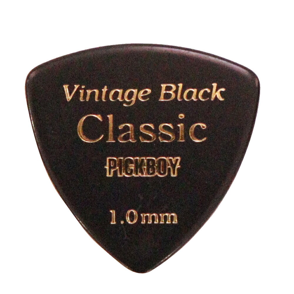 PICKBOY GP-04BL/100 Vintage Classic Black 1.00mm ギターピック×10枚ピックボーイ・ヴィンテージクラシックブラックシリーズのギターピックです。セルロイド製ピックは、PICKBOYが創業以来製造している代表的な素材のピックです。昔からこの素材が好きという方も多く、オールラウンドに使用できる万能なピックです。・材質：セルロイド・厚み：1.00mm・形状：トライアングル（おにぎり型）・カラー：ブラック（黒）※10枚セットでの販売です。　