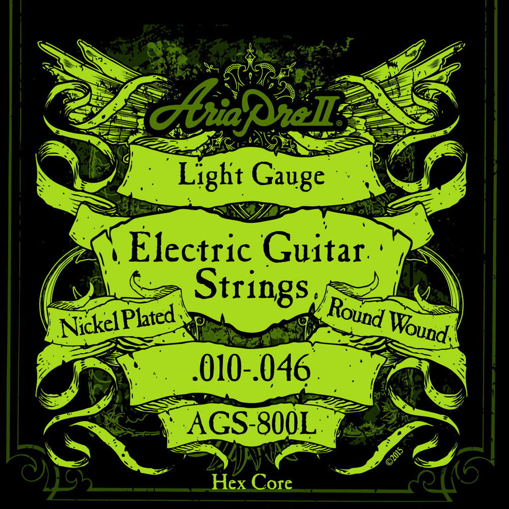 AriaProII(アリアプロII) AGS-800L エレキギター弦AriaProIIのエレキギター弦です。6角芯を採用。・ニッケルプレーテッド/ラウンドワウンド・ライトゲージ[010,013,017,026,036,046]6セットでの販売です。　