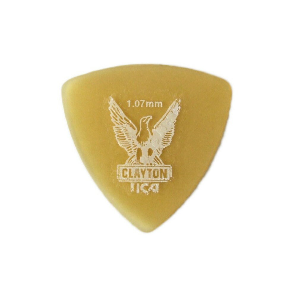Clayton USA Ultem Gold 1.07mm 丸肩トライアングル ギターピック×36枚ULTEM GOLD は、ピック素材として理想的であるべっ甲に近い感触とクリーンでレスポンスの早い音色を最新の技術で再現した素材を使用しています。爪の感触に一番近いピックとしても有名です。シェイプ：丸肩トライアングル厚さ：1.07mm※36枚セットでの販売です。