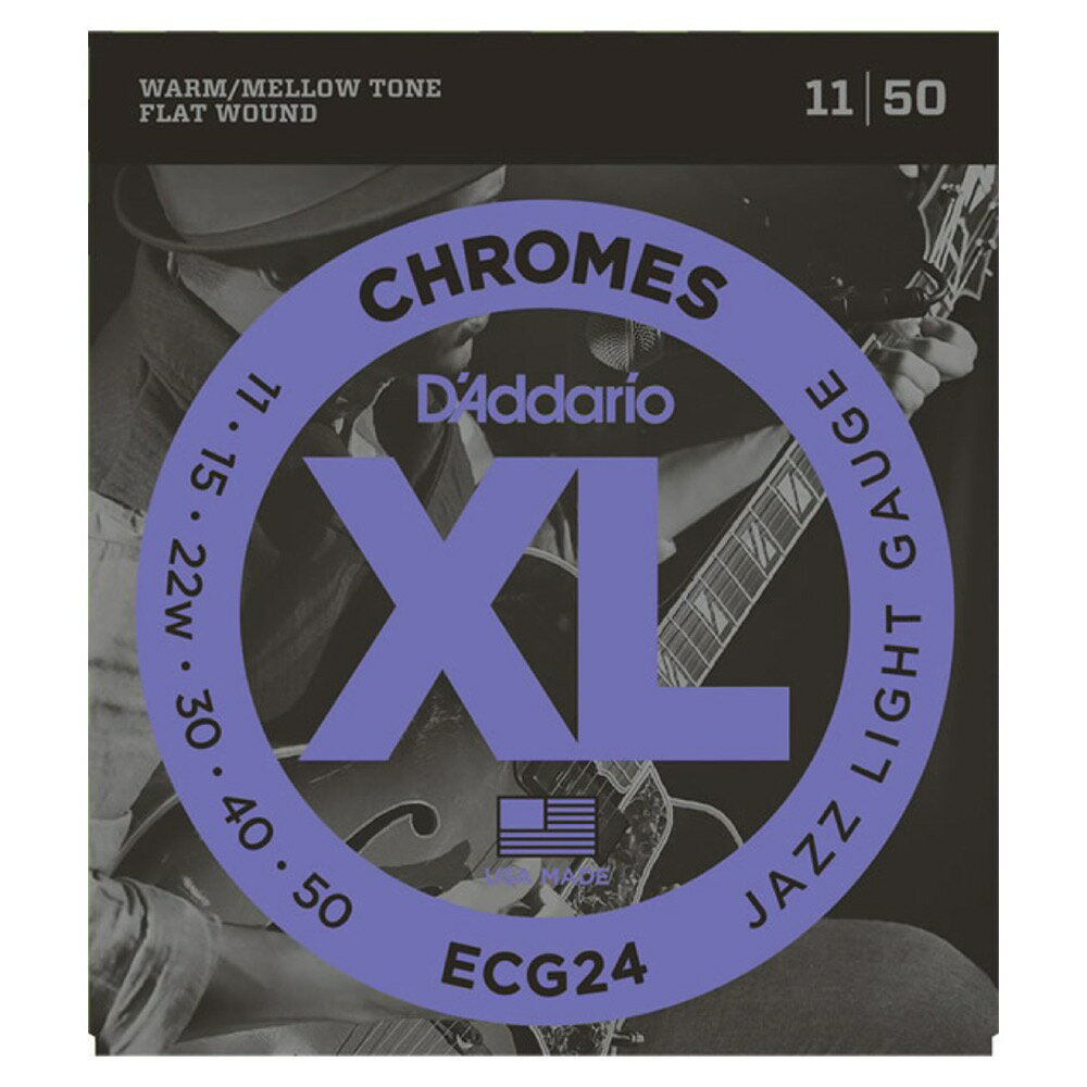 D'Addario ECG24 フラットワウンド エレキギター弦×3セットXL Chromes Flat Woundヘックスコア(6角芯線)の周りに、下地となるベースの巻弦を施し、その上にフラットなリボン形状の巻弦を巻きつけた特殊構造となっています。ワインディング後、3段階の研磨により均一な太さに仕上げられたフラットワウンド弦となっています。ECG24Jazz Light1st：PL0112nd：PL015 3rd：CG0224th：CG0305th：CG0406th：CG050※3セットでの販売です。　