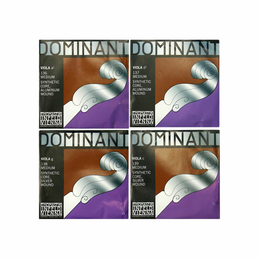 Thomastik Dominant viola ビオラ用弦セットThomastik社のドミナントシリーズヴィオラ弦。スチール弦とは違った繊細かつ豊かなサウンドで量感も豊かです。ガット弦のような繊細なトーンを持ちながらも扱いやすさも併せ持っており順応性が高くジャンルを問わず多くのプレイヤーに支持されています。A線：Dominant viola No.136 シンセティックコア/アルミニウム巻きD線：Dominant viola No.137 シンセティックコア/アルミニウム巻きG線：Dominant viola No.138 シンセティックコア/シルバー巻きC線：Dominant viola No.139 シンセティックコア/シルバー巻き