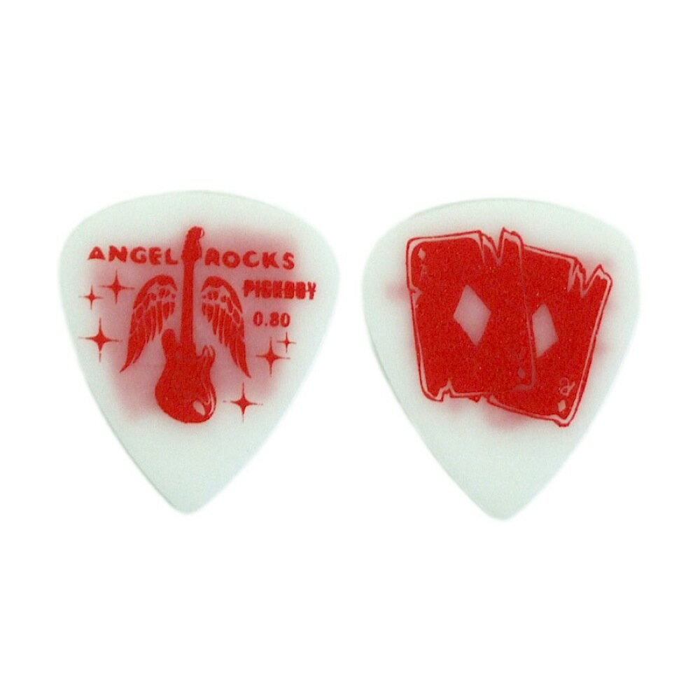 PICKBOY GP-AR-18/08 Angel Rocks Ace 0.80mm ギターピック×10枚エンジェルロックスとは、カッコ可愛い女の子の為に生まれたギターアクセサリーブランドです。女の子はもちろん男性にもご好評頂いており、男女問わず人気のブランドです。透き通るような、透明感のあるサウンドが特徴的なピック。表面がサラっとしていて、長時間のプレイで汗をかいても滑りにくく、クリアな音色が得られます。アコースティック、エレキ共にお勧め出来るピックです。デザイン部分は裏表共にサンドグリップ加工が施されており、カッコ可愛いルックスと機能性を両立したポリアセタール製のピックです。・材質：ポリアセタール・厚み：0.80mm・形状：ティアドロップ・カラー：ホワイト・デザイン：エース（ダイヤのエースのデザイン）※10枚セットでの販売です。