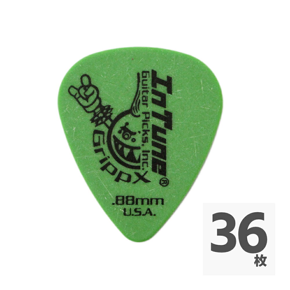 In Tune Guitar Picks（イン・チューン・ギターピック）DGP1-C88 GrippX-X 0.88mm Green ピック×36枚イン・チューン・ギターピックは、米国バージニア州で2000年に創業したピック専門メーカーです。とことんハイ・クオリティーにこだわった業界屈指の高精度ピックを製造しており、数多くのプロミュージシャンのカスタムプリント・ピックも手がけています。GrippX-X -Delrin素晴らしいグリップ感を実現するマット仕上げを施したデルリンピックです。デルリン素材は、耐久性にも優れています。36枚セットでの販売です。シェイプ：ティアドロップ厚さ：0.88mmカラー：グリーン