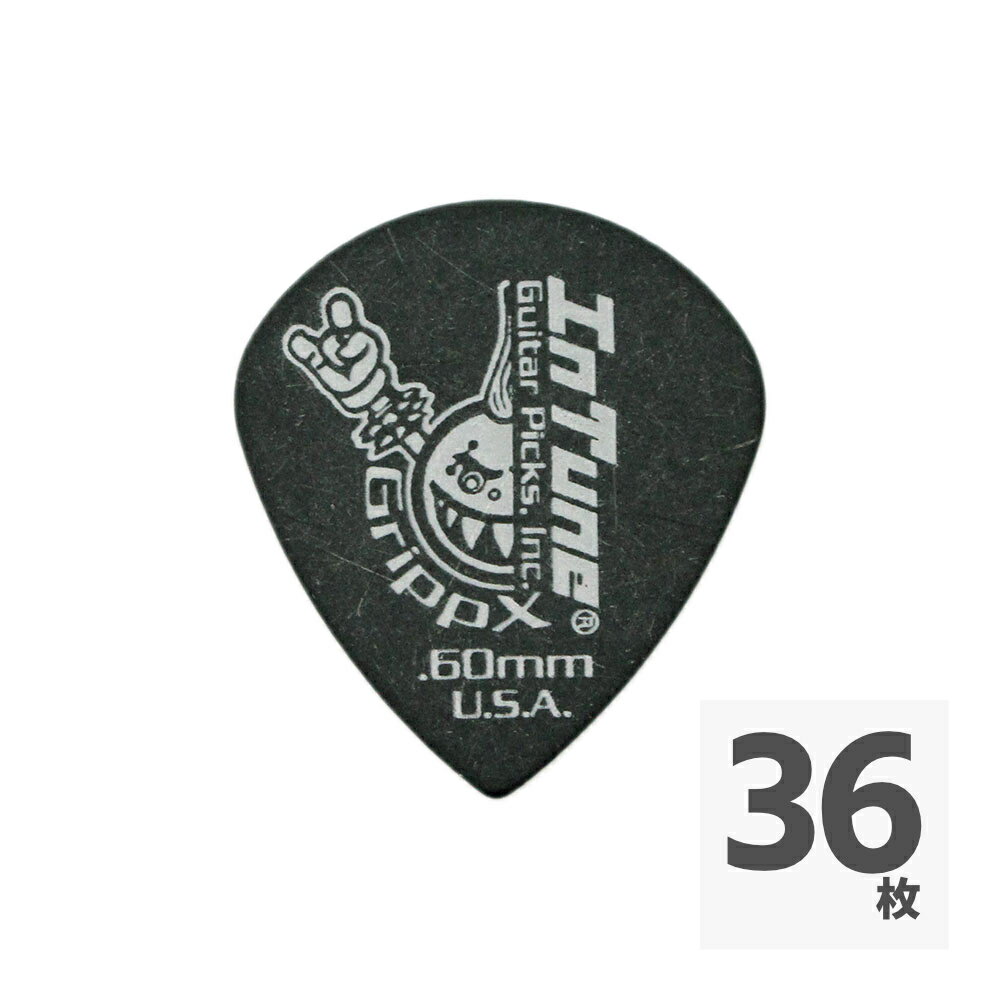 In Tune Guitar Picks（イン・チューン・ギターピック）DGP3-B60 GrippX-XJb 0.60mm Black ピック×36枚イン・チューン・ギターピックは、米国バージニア州で2000年に創業したピック専門メーカーです。とことんハイ・クオリティーにこだわった業界屈指の高精度ピックを製造しており、数多くのプロミュージシャンのカスタムプリント・ピックも手がけています。GrippX-XJb Jazz Guitar Picks -デルリン素材 / ジャズ・シェイプブラック・デルリンに独自のマットフィニッシュを施し、非常に優れたグリップを実現したジャズ・シェイプのピックです。36枚セットでの販売です。シェイプ：ジャズシェイプ厚さ：0.60mmカラー：ブラック