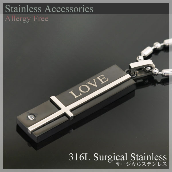ステンレス&クリアストーン プレートクロス ネックレス ペンダント「LOVE」【ブラックPVDコーティング】 Men's ※チェーン別売り /メンズ/金属アレルギー/男性【あす楽対応】