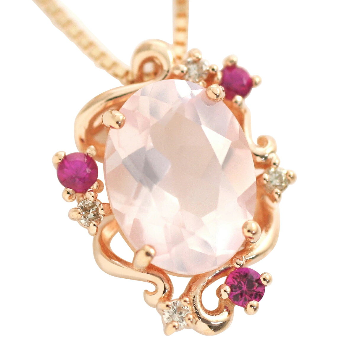 ローズクォーツ ネックレス ペンダントトップ ヘッド レディース K10ピンクゴールド 10月誕生石 天然石 大粒6×8ミリ オーバル ダイヤモンド0.02ct...