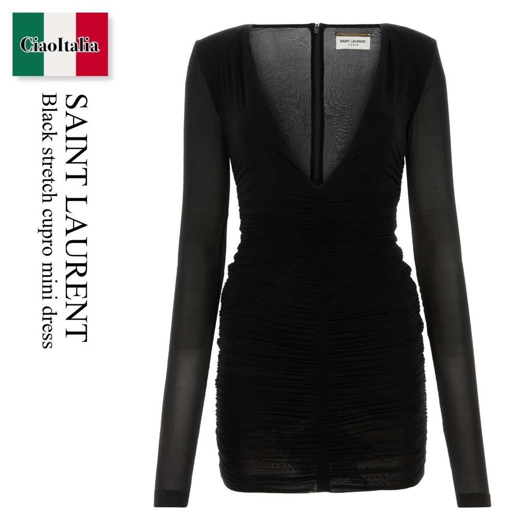 【数量限定・在庫限り・早い者勝ち!】 サンローラン / Saint Laurent Black Stretch Cupro Mini Dress / 732870 Y5G89 / 732870 Y5G89 1000 / 732870Y5G89 / 732870Y5G89 1000 / 732870Y5G891000 / ワンピース
