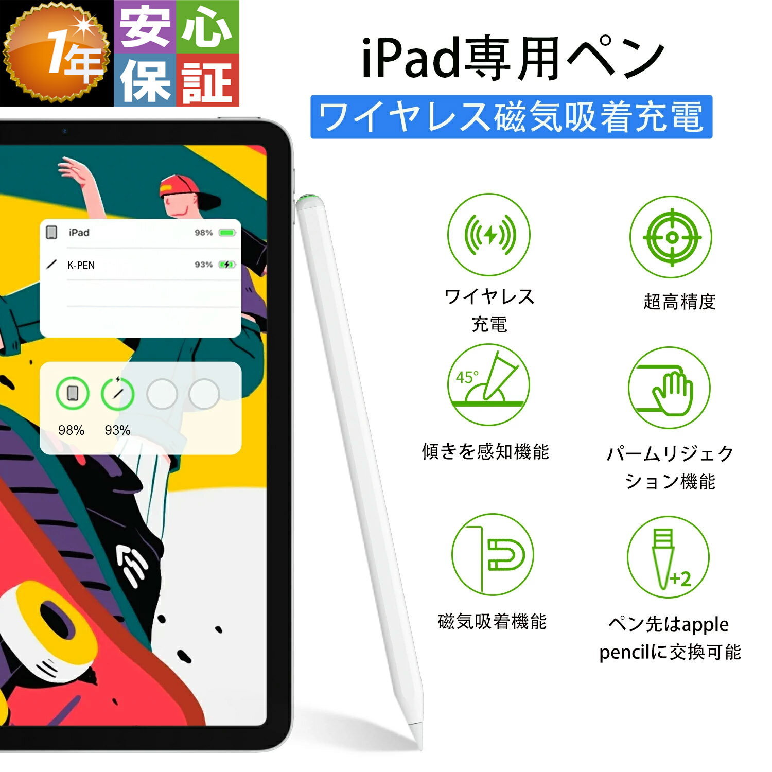 【10%OFFクーポン+ポイント20倍】【ワイヤレス充電】KINGONE タッチペン ipad ペンシル パームリジェクション タブレット ペン スタイラスペン 極細 超高感度 途切れなし 遅延なし 傾き感知 誤作動防止 ワイヤレス充電 互換 ペン 日本語取扱説明書 母の日 プレゼント