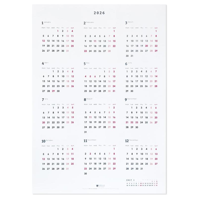 SIMPLISH STANDARD 2026 ポスターカレンダー A2 月曜始まり 12ヶ月 年間 シンプル