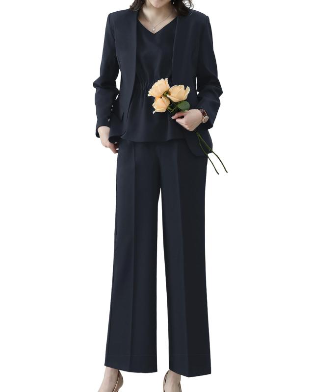 Rakuten - [Yino] イノ セットアップ 3点セット レディース パンツスーツ ジャケット＋ブラウス+ワイドパンツ 体型カバー 洗える スーツ 着瘦せ おしゃれ 女性らしい ママ 通勤 入学式 卒業式 面接