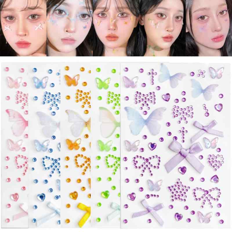 CHENLONB ラインストーン フェイスシール 5枚セット 3D キラキラ 蝶 顔面デコ 舞台化粧フラッシュドリルアクセサリー ネイルデコパーツ DIY 手芸用品