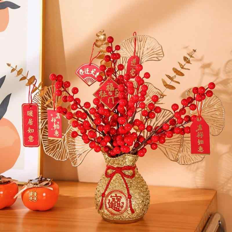 Rakuten - siawadeky お正月飾り 造花セット 新年飾り 赤いベリー お金の葉 幸運 お金を招く 枯れない植物 クリスマス飾り 縁起のいい 迎春 新春 飾り 引っ越し ギフト 装飾花 花瓶付き お祝いのカード付