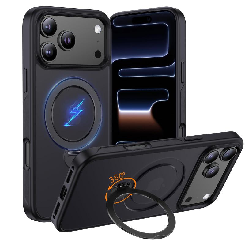 KWLZBFU ケース MagSafe対応 【定点360度回転スタンド】 縦横両対応 半透明 マット感 マグネット搭載 黄変防止 滑り止め 耐衝撃 傷防止