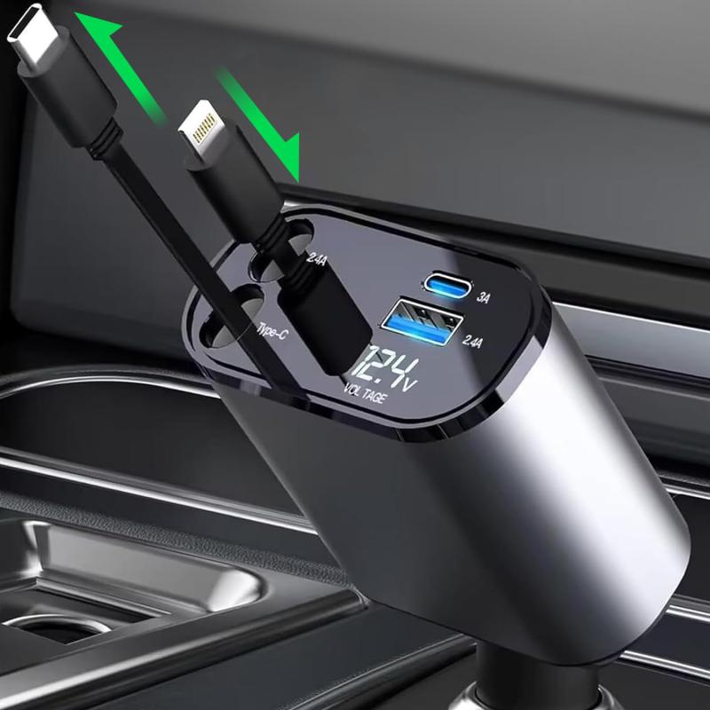 BabyHelper【小型新登場】車 充電器 巻き取り式 シガーソケット 急速充電 TypeC/Lightning/USB 4ポート LED 電圧表示 iphone/iPad/AQUOS対応WSX