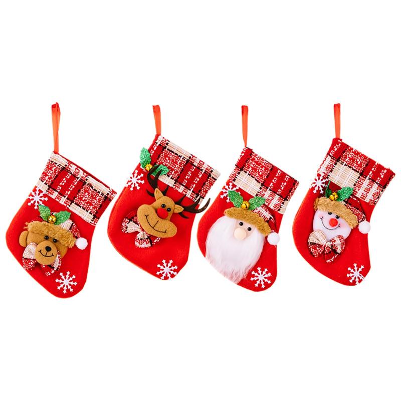 Rakuten - [Bestmood] サンタクロース ソックス クリスマス パッチワーク クリスマスツリー飾り 飾り靴下 お菓子入れ 鹿 雪だるま クマ スモール クルスマスソックス アクセサリー 鈴 4枚セッ