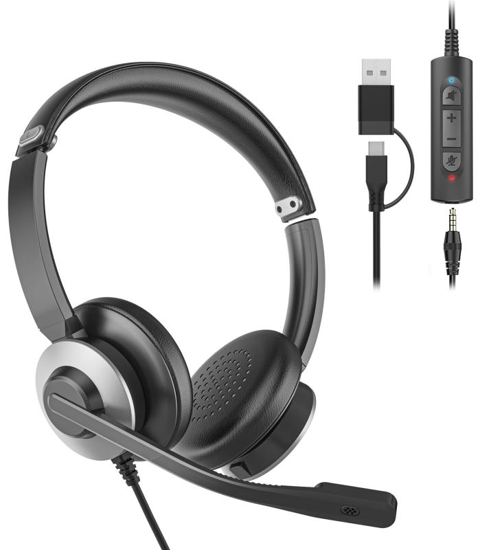 ヘッドセット 有線 マイク付きイヤホン 3.5mm/USB-A/USB-C対応 ノイズキャンセリング搭載 ステレオ音声 音量調節