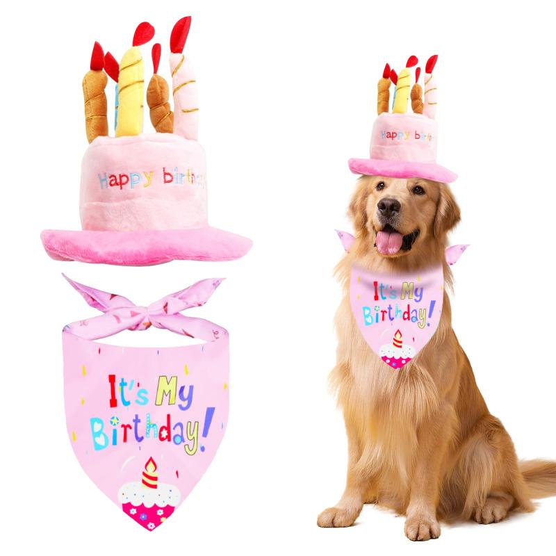 Rakuten - [siawadeky] ペット用誕生日帽子 ろうそく ケーキ型 バンダナ付き 2点セット 可愛い 誕生日ハット 仮装 コスプレ パーティー帽子 Happy Birthday 記念品 アクセサリー 写真道具 子犬 猫 ペット用品