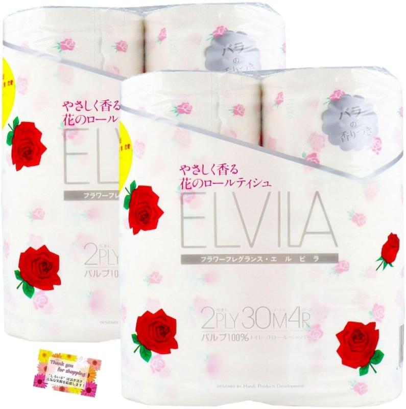 【やさしく香る花のロールティシュです】 四国特紙 トイレットペーパー フラワーフレグランス エルビラ バラの香り ダブル かわいい薔薇の柄 紙質はピュアパルプ100％使用 30m×4ロール 高品質素材: ピュアパルプ100％使用で、やわらかな肌触りと十分な強度を実現香り: バラの優雅な香りが施され、トイレ空間を心地よい香りで包みますデザイン: 愛らしい薔薇柄のプリントで、インテリアのアクセントとしても映えます仕様: ダブル巻き、30メートル×4ロールのお得なパック使用感: 日常使いに適した快適な使い心地で、毎日の生活に華やかさをプラス