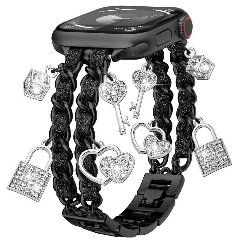 Pleixiu アップルウォッチ バンド レディース ファッションチェーン かわいい チャーム apple watch バンド ステンレス 49mm 46mm 45mm 44mm (42mm S3 2 1) 互換iWatch Series 11 10 9
