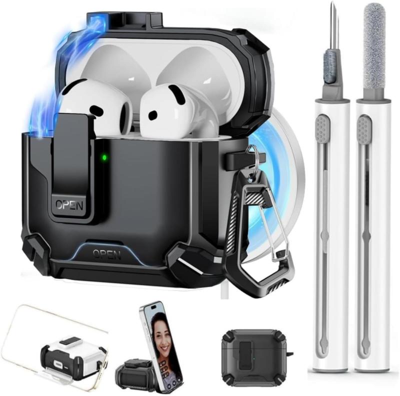 乐天商城 - 第 4 世代 AirPods 専用 タフケース 弾蓋式デザイン 強力な磁気保持機能 スマホスタンド対応 落下・キズ・ほこり 全方位保護 クリーニングキット付き