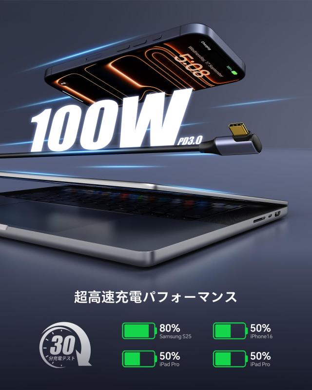 ciel-soraのUSB-C to C ケーブル 20Gbpsデータ転送 PD100W給電対応 グラフェンシールド Type-C配線 USB-C充電コード 4Kプレビュー テザー撮影用 金メッキ端子・両端L字型コネクタ｜アングル2