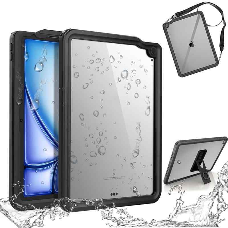iPad 防水ケースタブレットケースIP68規格 軽量 薄型 携帯ケーススタンド機能付き 滑らか操作 調節可能スタンドとストラップ付き 防雪 防塵 お風呂 水泳 登山 研究室キッチン適用