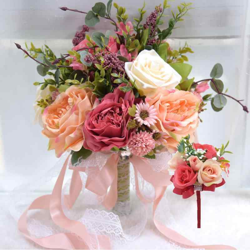 misakinoya ウエディングブーケ ブートニア 花嫁ブーケ ブライダルブーケ バラ 薔薇ローズ 花束 造花 ..