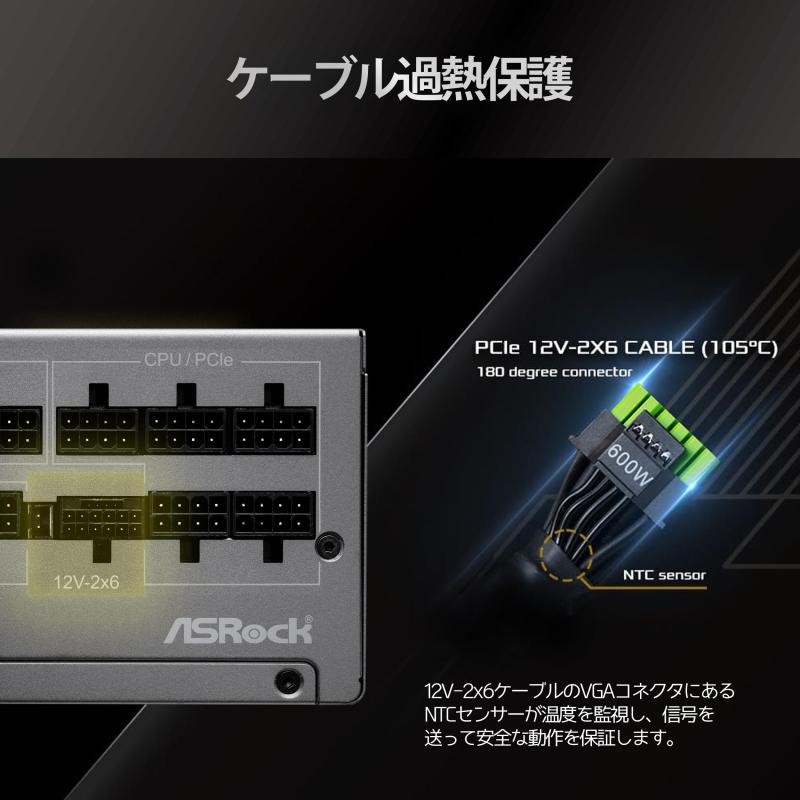 ciel-soraのASRock Steel Legend 次世代GPU対応PC電源ユニット850W PCIe5.1対応 80PLUS Platinum ATX 3.1フルモジュラー 12V-2x6 ケーブル付属SL-850P｜アングル2
