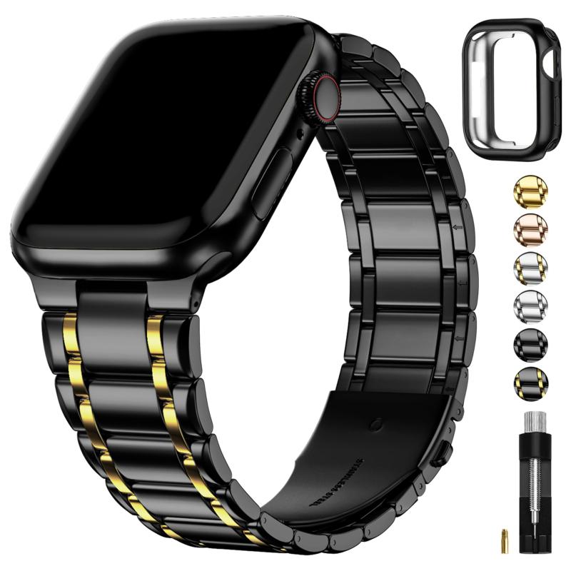 Rakuten - 「Fullmosa」for Apple Watch バンド アップルウォッチ 11 10対応 42mm 保護ケース付き ステンレス製 Apple Watch 交換ベルト iWatch バンド ビジネス 通勤 長さ調整器具付き ブラック+ゴールド