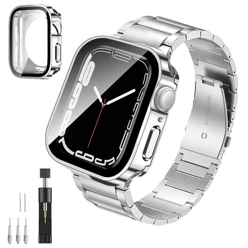 FAZHAN コンパチブル Apple Watch バンド ステンレス アップグレードバージョン 49/46/45/44/41/40mm アップルウォッチ バンド 金属ベルト 360完全防水ケース付き 3D直角メッキ エッジデザイン Apple Watc