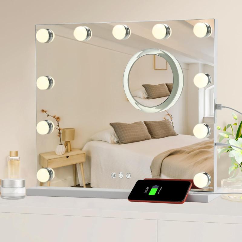 女優ミラー 卓上ミラー 化粧鏡 大きい ライト付き 10倍拡大鏡付き 壁掛け 3色調色 無段階調光 USBポート搭載（50x40Cm）