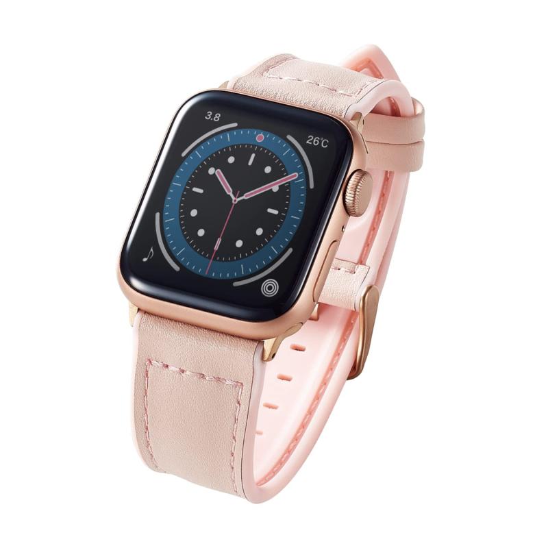 エレコム Apple Watch (アップルウォッチ) バンド 41mm 40mm 38mm レザー 革 TPU [装着感の高さと蒸れにくさを両立] 【Apple Watch Series 8/7/SE2/SE/6/5/4/3/2/1 対応】 ピンク AW-41BDLHVPNコーディネートしやすいヴィーガンレザーと、耐久性の高いTPU素材を組み合わせたApple Watch用ハイブリッドレザーバンドです。バンド裏側は肌への接触部分を最小限に抑える形状にすることで、装着感の高さと蒸れにくさを両立しています。シボ目の細かいしなやかなヴィーガンレザーを採用し、バンド中心線が盛り上がる甲丸型に、剣先をボート形状にしたスタンダードなスタイルです。ヴィーガンレザー【Vegan Leather】とは、動物の革を使用せずに本革の美しい風合いを再現したソフトレザーです。動物愛護の観点から海外でも注目されている素材です。スモーキーで落ち着いたパステルカラーでまとめているため、ビジネスシーンでもコーディネートしやすくなってます。バックルとラグの金属部分はマットゴールドで仕上げており、バンド装着時に映えるカラーにしています。