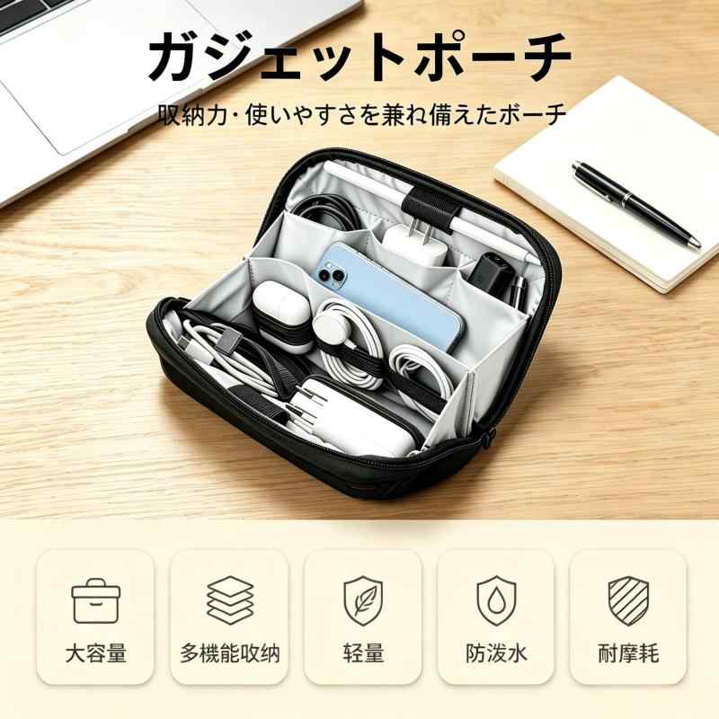 ガジェットポーチ ガジェットケース 小型 薄型 大容量 がじえっとポーチ 軽量 はっ水 収納ケース 7つ仕切り付き ケーブル/充電器/スタイラスペン/イヤホン整理に 出張便利グッズ ビジネス ciel-sora-10170745 ciel-sora サンプル画像2