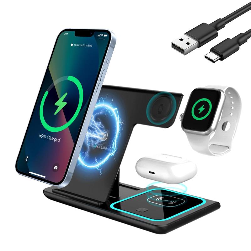 ワイヤレス充電器 3in1 折り畳み式 スタンド 急速充電 角度調整可能 デスクトップ整理 ファッション 雰囲気ライト付き マグネット式 同時に3つのデバイス充電 出張、旅行用 自宅用 携帯充電