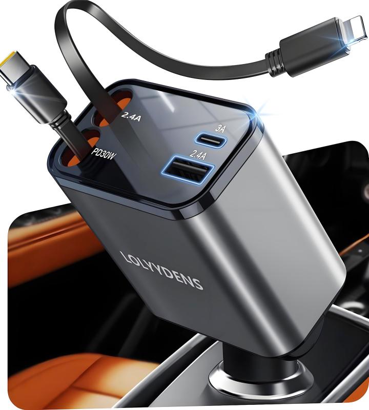 【2025超小型巻取り式】LOLYYDENS シガーソケット 車 充電器 69W 急速充電 4in1 カーチャージャー 4台同時充電可能 LED表示電圧 12/24V車対応 過熱加工 熱軽減 スマホ iphone/iPad/Galaxy/AQUOS/Xp