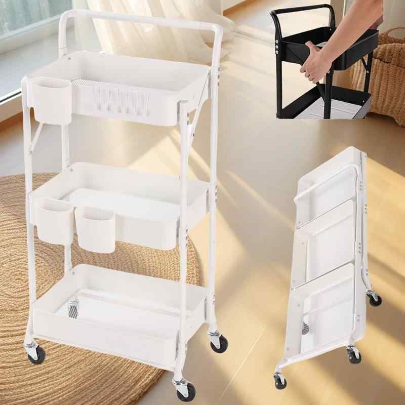 乐天商城 - Secchuu キッチンワゴン 折り畳み 3段タイプ 耐荷重60KG 幅46cm×奥行30cm×高さ82~93cm シンプルさ 収納ワゴン スチール製ボデイ キャスター付き スムース移動 吊り下げカップとフック小物収納 組