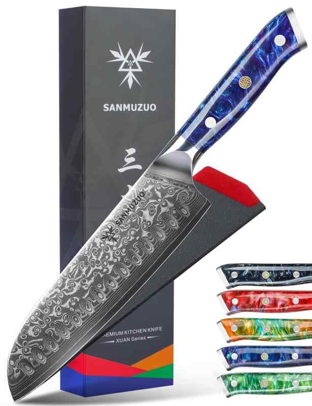SANMUZUO 7インチ キッチン三徳包丁 - ダマスカス鋼 &amp; 樹脂ハンドル - Xuan シリーズ