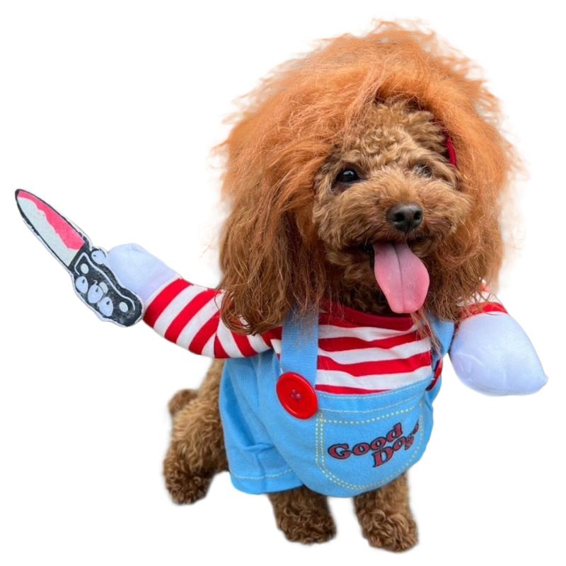 IROKOHA チャッキー コスプレ 犬 猫 ハロウィン仮装 ペット用衣装 おもしろ衣装でハロウィーンパーティー 小型犬 中型犬 コスチューム✅怖可愛いチャッキー風コスチュームで皆の視線が釘付け✅伸縮性のある紐で二か所結ぶだけの簡単装着♫✅まるで二足歩行のチャッキーのように早変わり✅付属のカツラはアゴ紐を長めに設定してあるので、ワンちゃん・ネコちゃんの大きさに合わせて紐を結んで調整できます✅マジックテープで取り付けられる柔らかなナイフを付けて街に繰りだしましょう♫