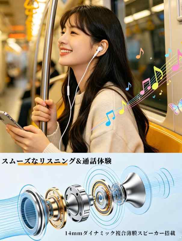 イヤホン 有線イヤホン マイク付き HIFI 3.5mmジャック 音量調整 重低音 ノイズキャンセリング 通話可能 ハイレゾ クリア通話 ステレオイヤフォン ヘッドホン ciel-sora-10148456 ciel-sora サンプル画像2