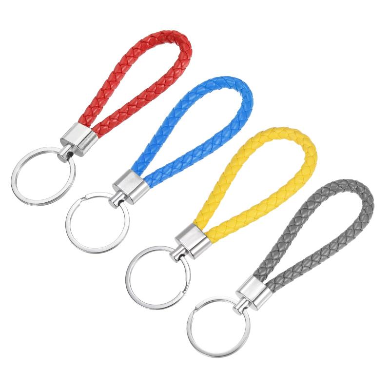[YOKIVE] 4-Piece Braided Leather Keychain, Household PU Leather Key Ring, Woven Strap, Decorative Cord for Bags and Wallets (Red/Blue/Yellow/Gray)