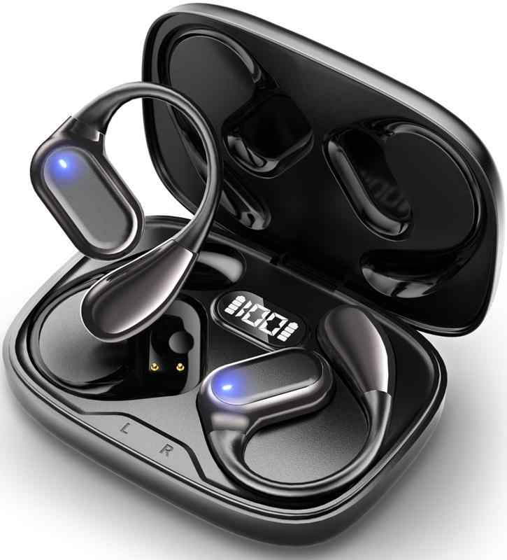 イヤホン bluetooth ワイヤレスイヤホン Aetyt 耳掛け式 ぶるーとゅーす イヤフォン オープンイヤー Type-C急速充電 空気伝導 耳塞がず快適 LEDディスプレイ 落ちない 快適装着感 ランニング スポーツ 片耳/両耳モード 通勤通学/WEB会議 に適用 iOS/Android (ブラック003)