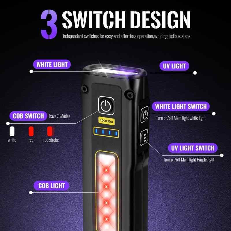 VMTENMV懐中電灯紫外線 UV、ブラック ライト EDC 懐中電灯ミニ LED 高ルーメン USB - C 充電式ポータブル磁気ベース、COB ホワイト ＆ レッド ライト、出力緊急電源、ペットの尿、樹脂硬化用 ciel-sora-10210748 ciel-sora サンプル画像3