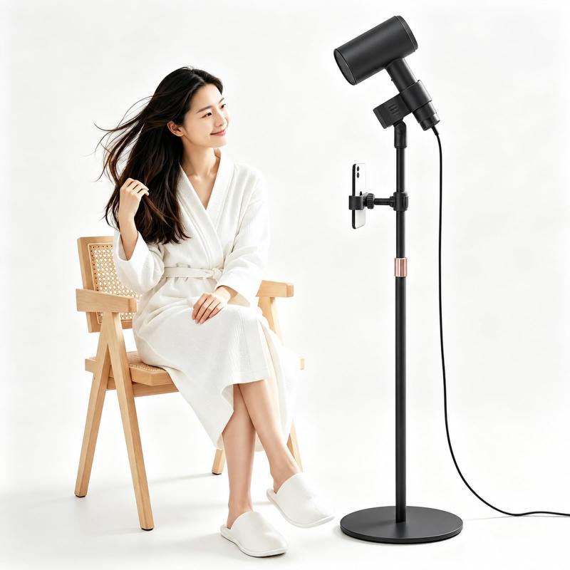 ドライヤースタンド スマホホルダー付き 55〜170cm 高さ調整 360°回転クリップ両手が自由になるハンズフリー設計：このドライヤースタンドがあれば、ドライヤーを手で持ち続ける必要がありません。長時間使用による腕や手の疲れを軽減し、まるでサロンのような快適なヘアドライ体験を実現します。卓上＆床置きの2WAY使用、高さ・角度自由調節：床置きでも卓上でも使用できる便利な2WAY設計。55～170cmの伸縮式高さ調節と360°回転可能なクリップにより、自由自在に角度を調整できます。立った状態、座った状態、寝ながらの使用など、シーンに合わせて快適に使えます。高品質素材＆安定感のある設計：高品質な炭素鋼ポールと頑丈な金属製ベースを採用。ポール部分は強度が高く、変形や傷に強い設計です。直径26cmの大型ベースがしっかり支えるため、ペットや子供が触れても倒れにくく、安定して使用できます。強力固定できる万能ドライヤークリップ：耐久性に優れたABS製クリップを採用。強いグリップ力でドライヤーをしっかり固定し、使用中のズレや落下を防ぎます。また、マイクホルダーとしても使用でき、スタンドマイクとして活用することも可能です。スマホホルダー付きで楽しみながらヘアケア：専用スマホホルダーを搭載し、髪を乾かしながら動画視聴、ヘアスタイル動画の確認、写真撮影、ライブ配信などを楽しめます。スマホスタンドとして単独使用することもでき、日常生活でも便利に活用できます。
